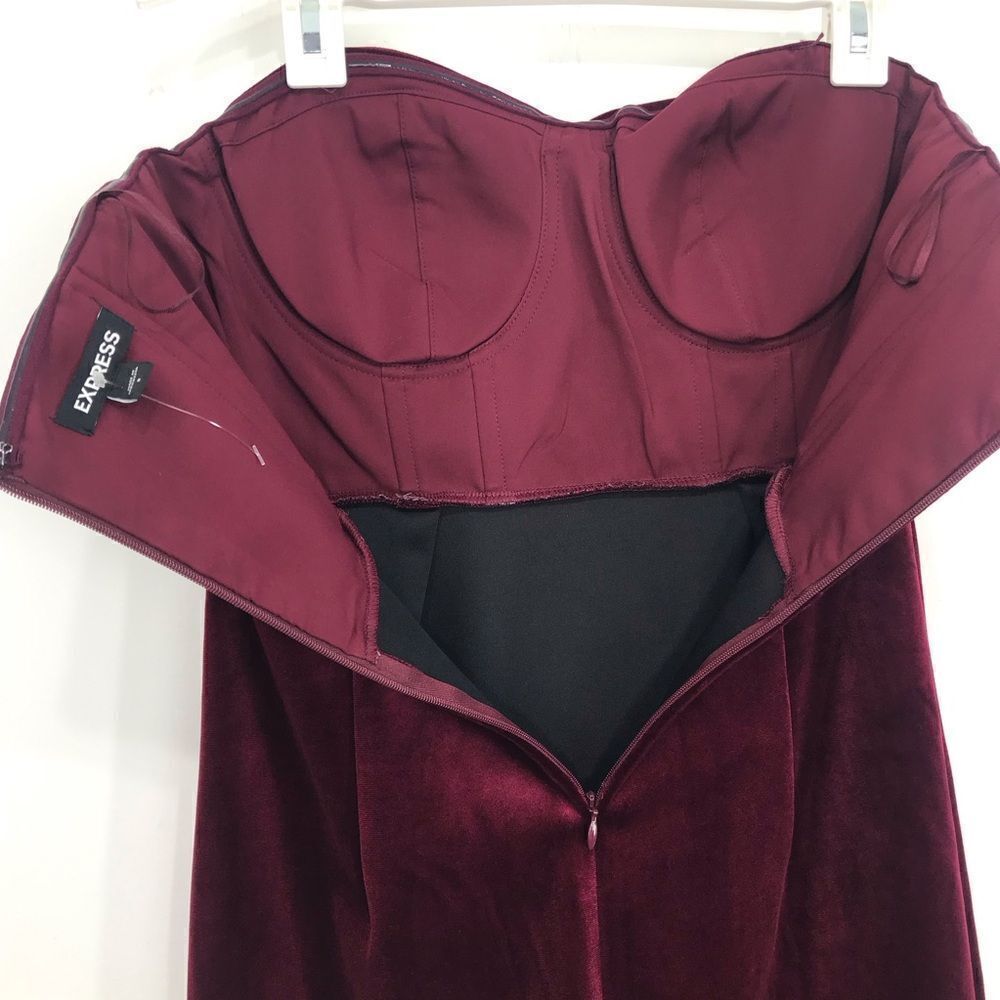 Express Wine Red Strapless Sweetheart Velour Holiday Pencil Dress - Picture 12 of 16